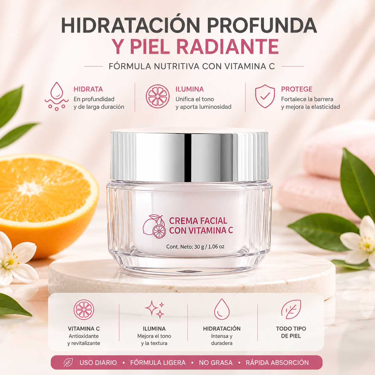 Crema Facial con Vitamina C — Iluminadora y Antiedad
