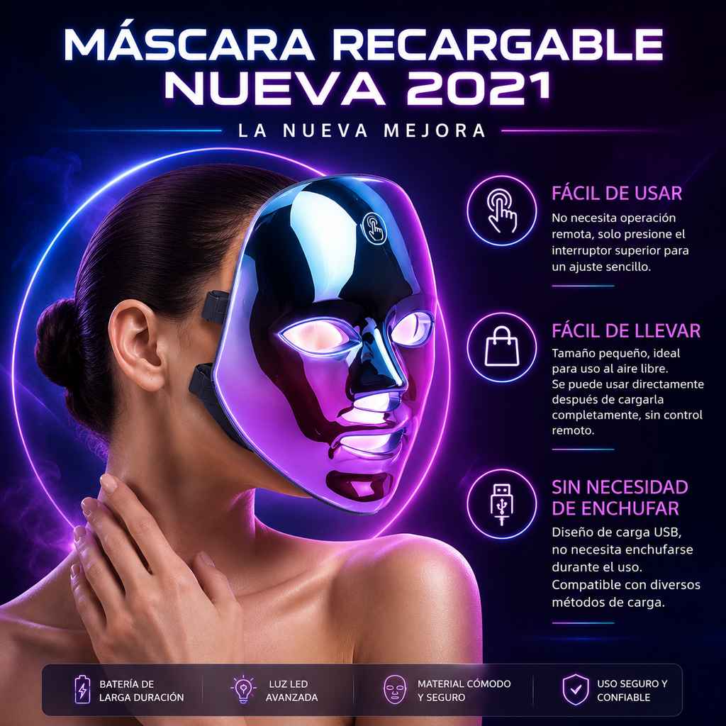 Mascarilla Facial LED Recargable para Acné y Pecas