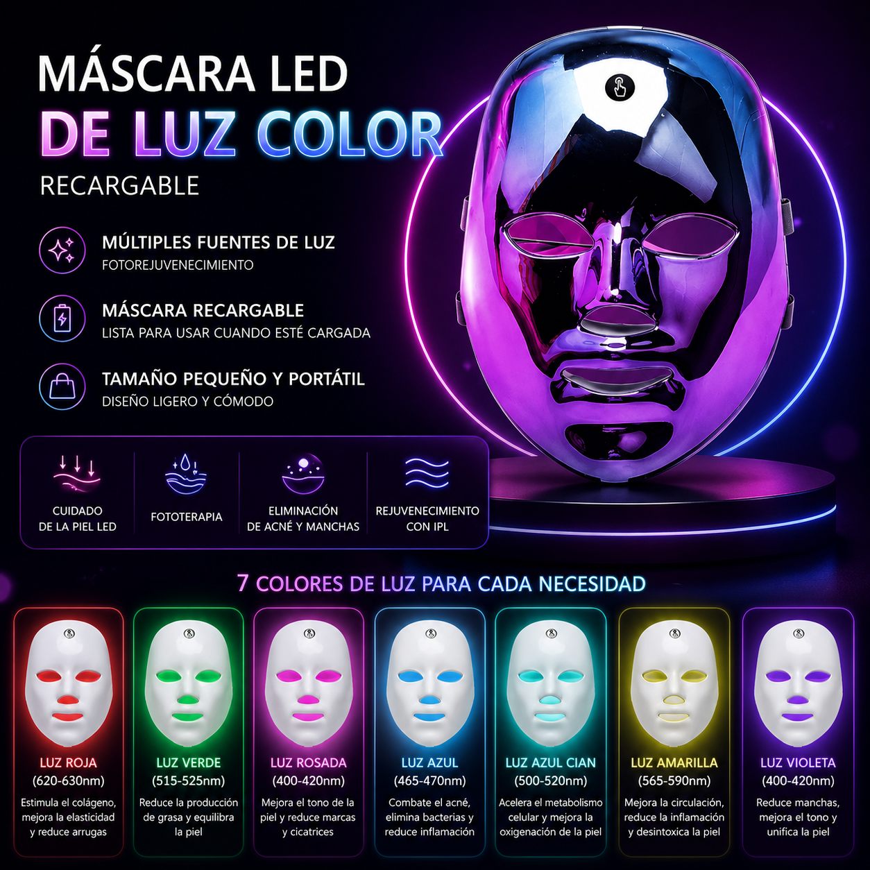 Mascarilla Facial LED Recargable para Acné y Pecas